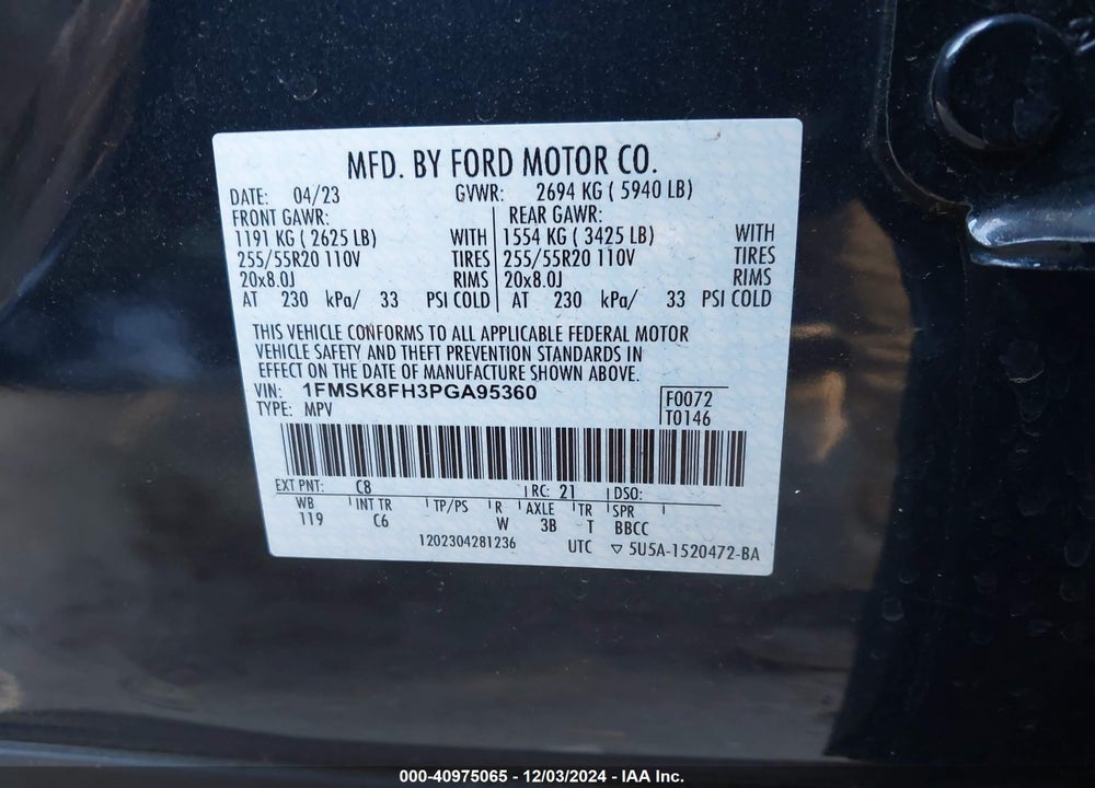 2023 FORD EXPLORER LIMITED VIN: 1FMSK8FH3PGA95360