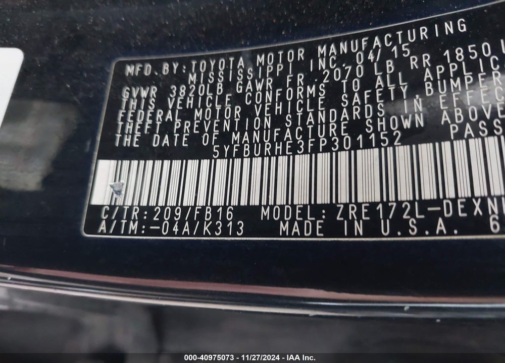 2015 TOYOTA COROLLA LE VIN: 5YFBURHE3FP301152