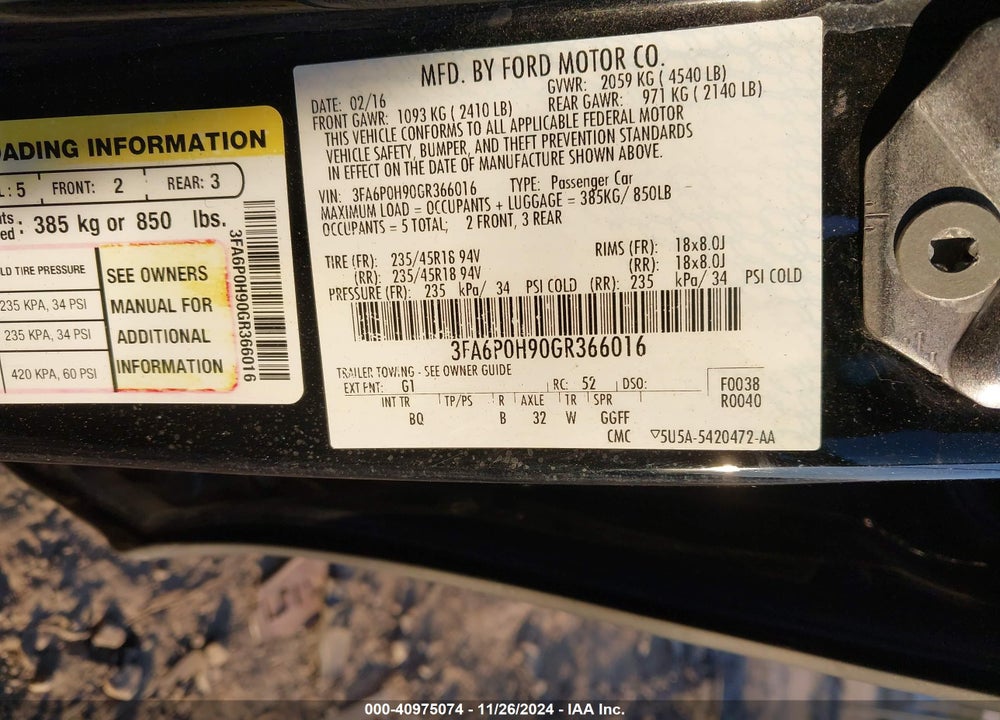 2016 FORD FUSION SE VIN: 3FA6P0H90GR366016