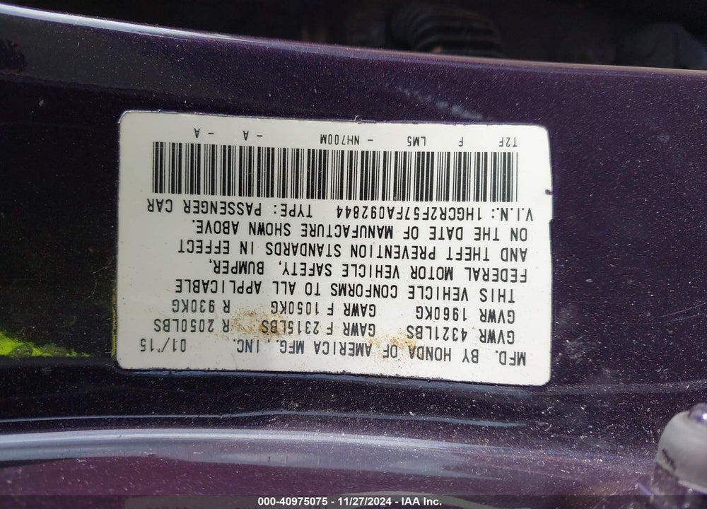 2015 HONDA ACCORD SPORT VIN: 1HGCR2F57FA092844