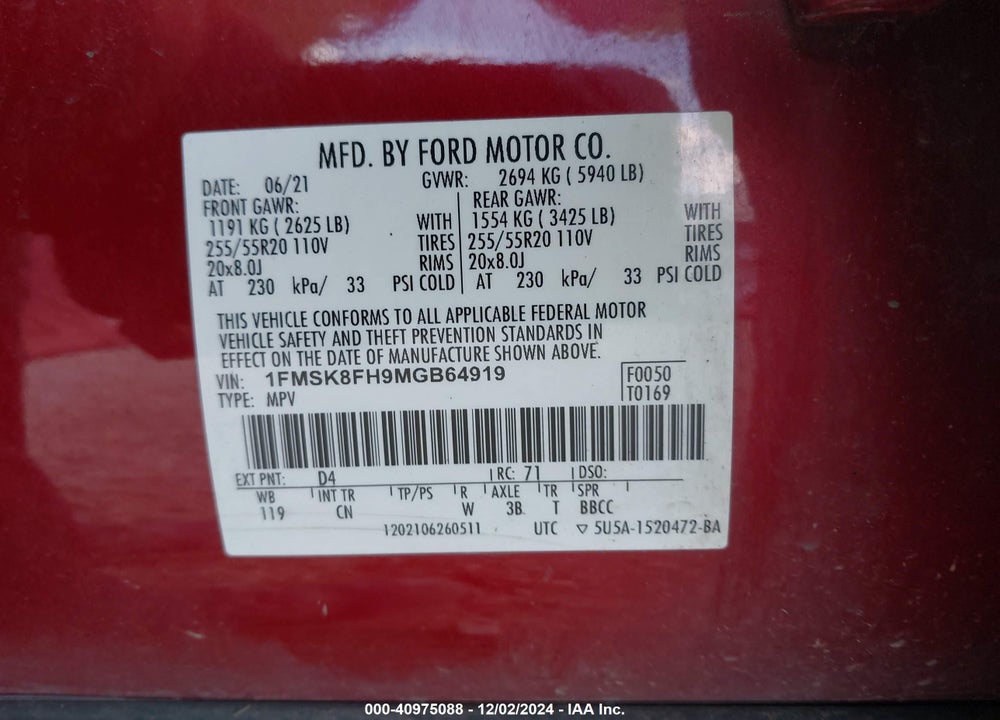 2021 FORD EXPLORER LIMITED VIN: 1FMSK8FH9MGB64919