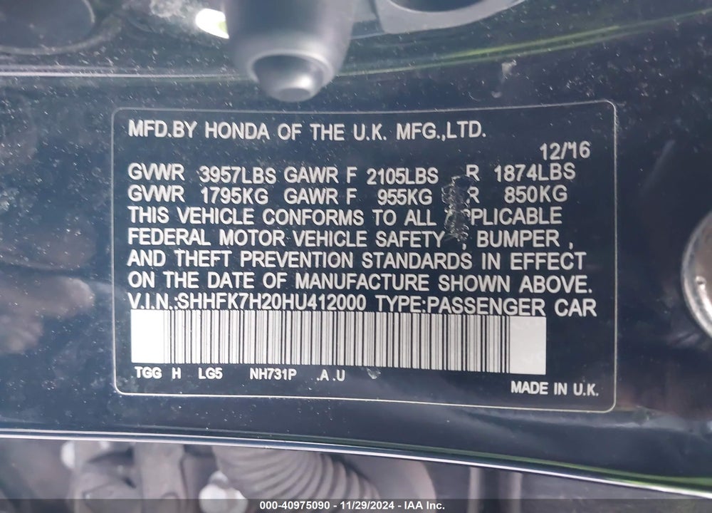 2017 HONDA CIVIC LX VIN: SHHFK7H20HU412000