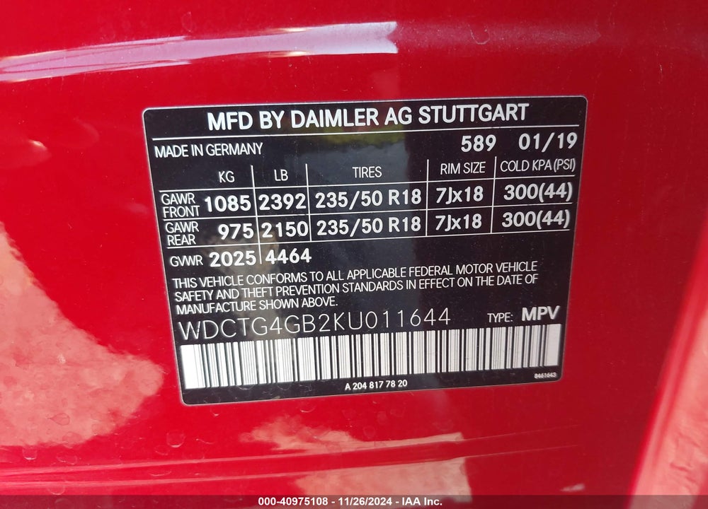 2019 MERCEDES-BENZ GLA 250 4MATIC VIN: WDCTG4GB2KU011644