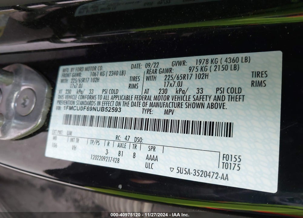2022 FORD ESCAPE S VIN: 1FMCU0F69NUB52593