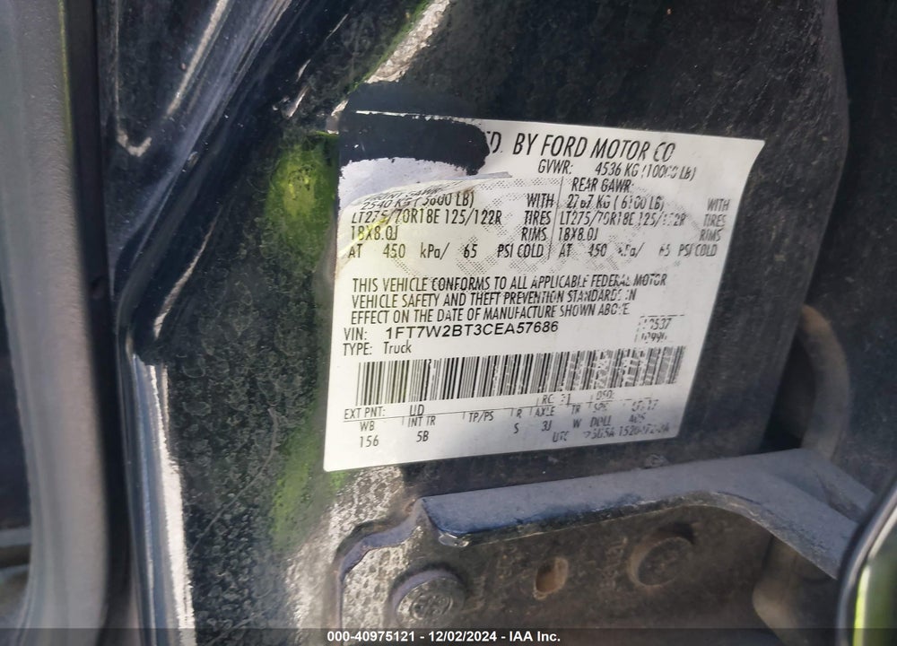2012 FORD F-250 LARIAT VIN: 1FT7W2BT3CEA57686