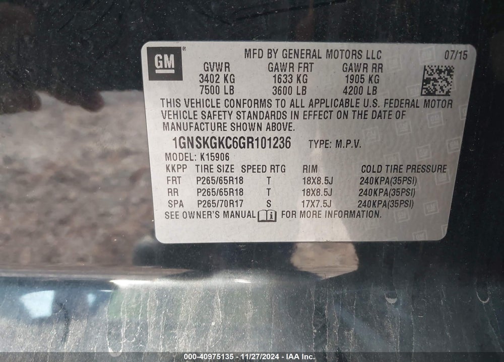2016 CHEVROLET SUBURBAN LS VIN: 1GNSKGKC6GR101236