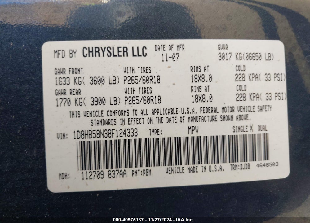 2008 DODGE DURANGO LIMITED VIN: 1D8HB58N38F124333