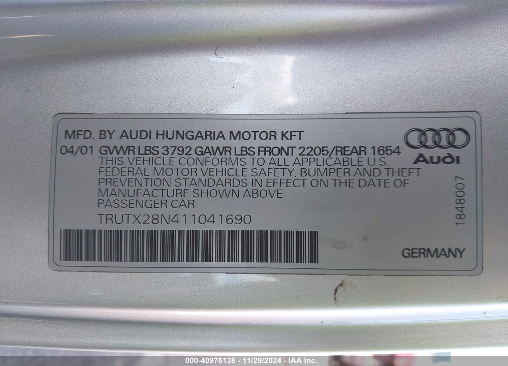 2001 AUDI TT VIN: TRUTX28N411041690