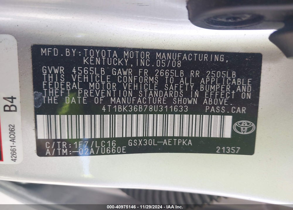 2008 TOYOTA AVALON LIMITED VIN: 4T1BK36B78U311633