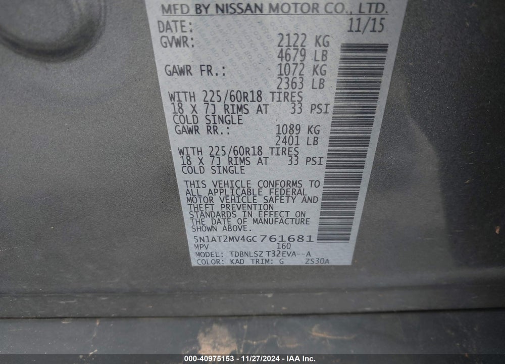 2016 NISSAN ROGUE SL VIN: 5N1AT2MV4GC761681