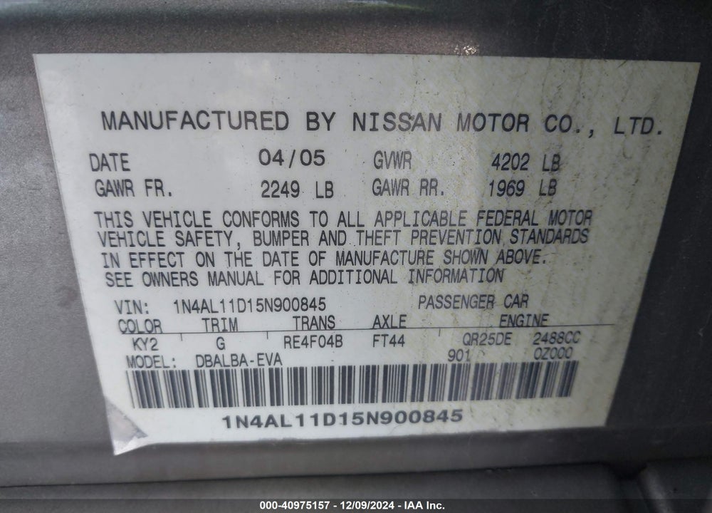 2005 NISSAN ALTIMA 2.5 S VIN: 1N4AL11D15N900845