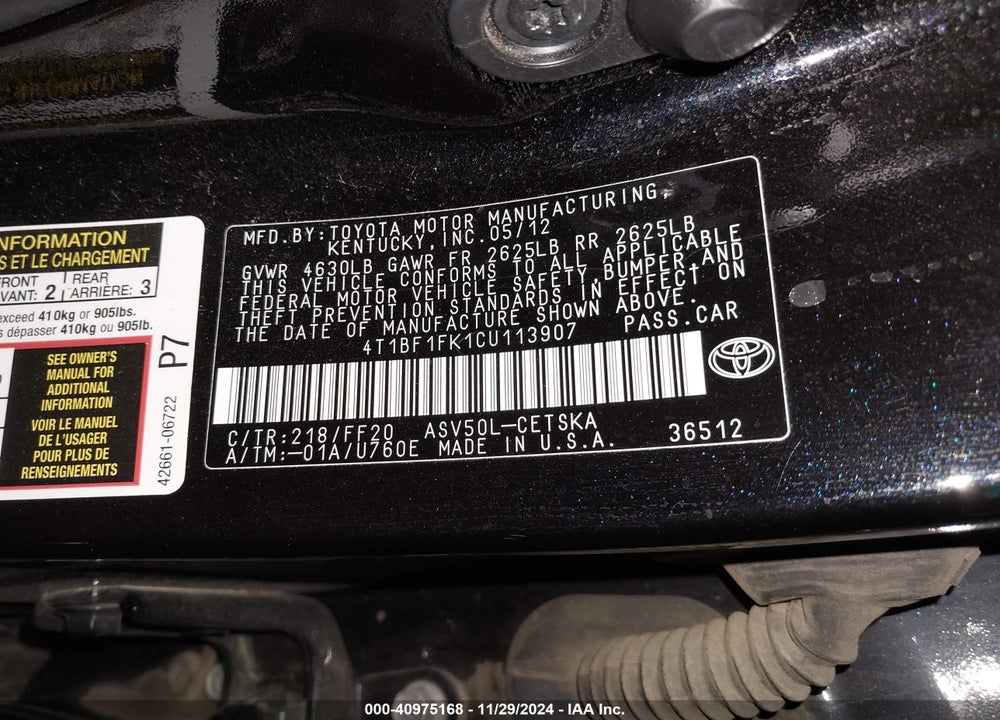 2012 TOYOTA CAMRY SE VIN: 4T1BF1FK1CU113907
