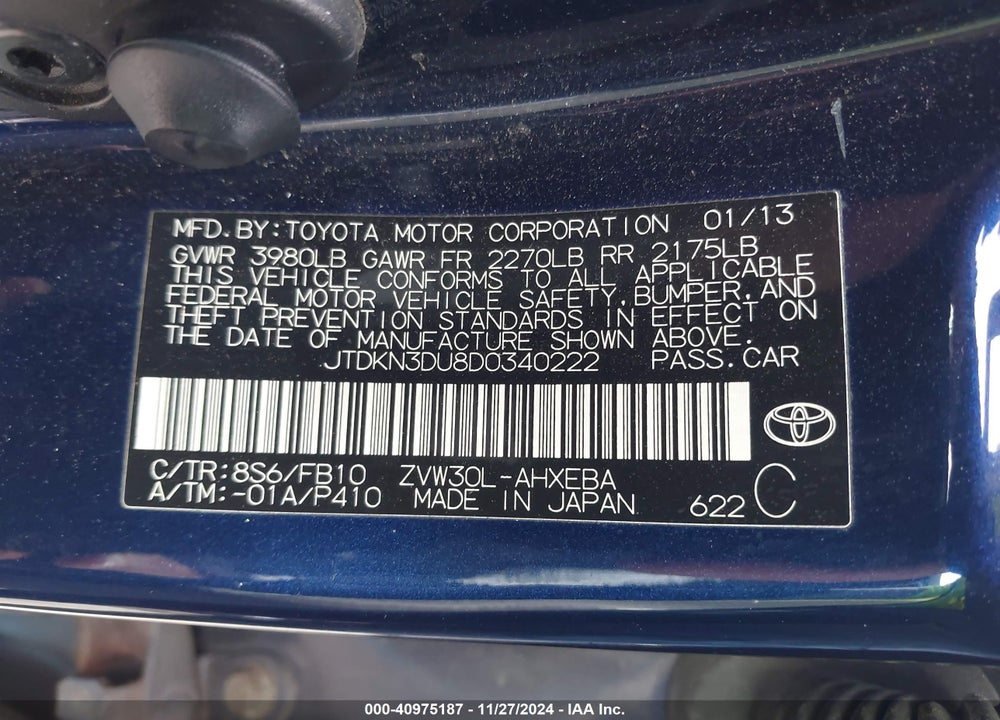 2013 TOYOTA PRIUS VIN: JTDKN3DU8D0340222