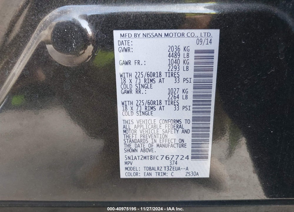 2015 NISSAN ROGUE SL VIN: 5N1AT2MT8FC767724
