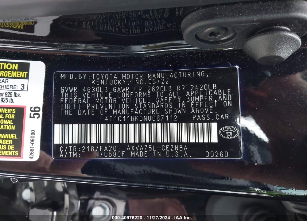 2022 TOYOTA CAMRY VIN: 4T1C11BK0NU067112