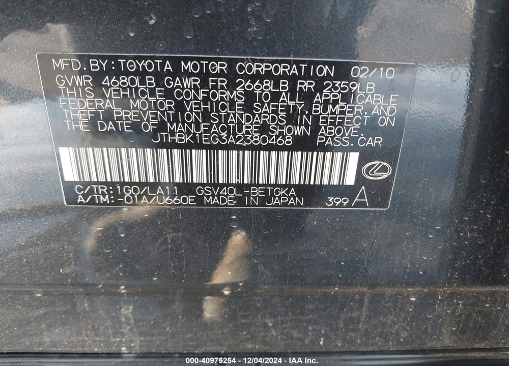 2010 LEXUS ES 350 VIN: JTHBK1EG3A2380468