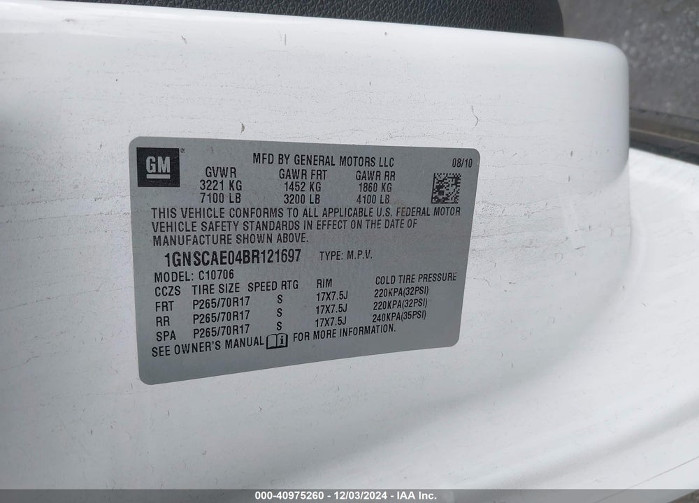 2011 CHEVROLET TAHOE LS VIN: 1GNSCAE04BR121697