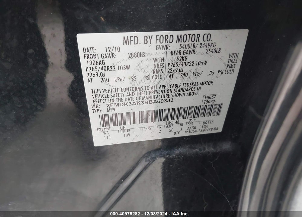 2011 FORD EDGE SPORT VIN: 2FMDK3AK3BBA60333