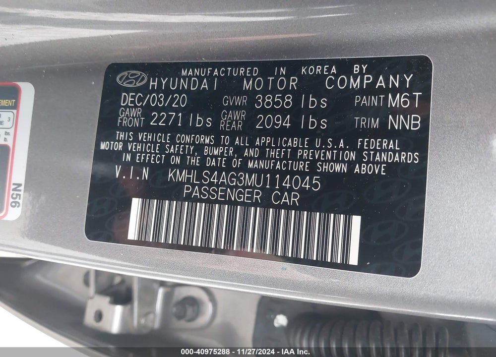 2021 HYUNDAI ELANTRA VIN: KMHLS4AG3MU114045