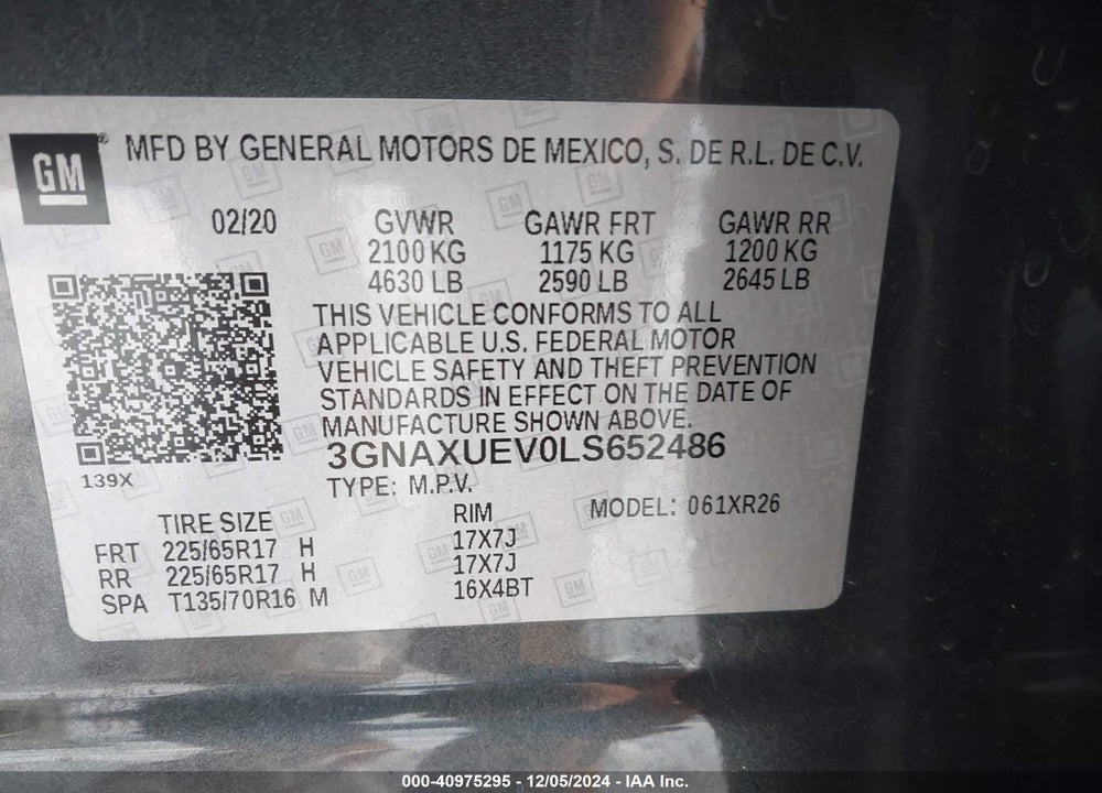 2020 CHEVROLET EQUINOX AWD LT 1.5L TURBO VIN: 3GNAXUEV0LS652486