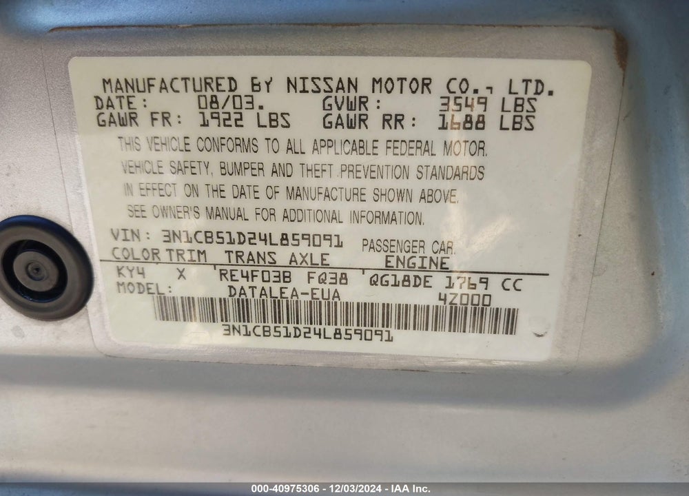 2004 NISSAN SENTRA 1.8S VIN: 3N1CB51D24L859091