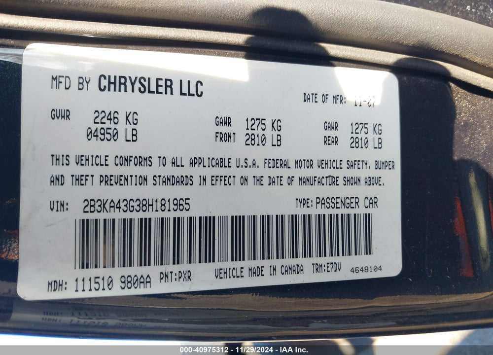 2008 DODGE CHARGER VIN: 2B3KA43G38H181965