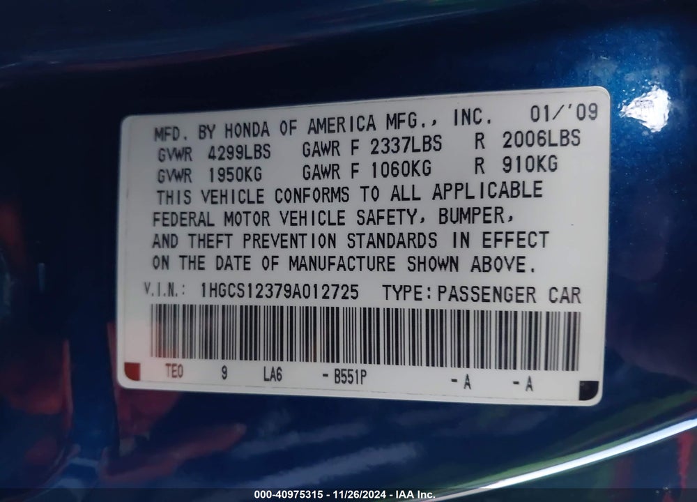 2009 HONDA ACCORD 2.4 LX-S VIN: 1HGCS12379A012725