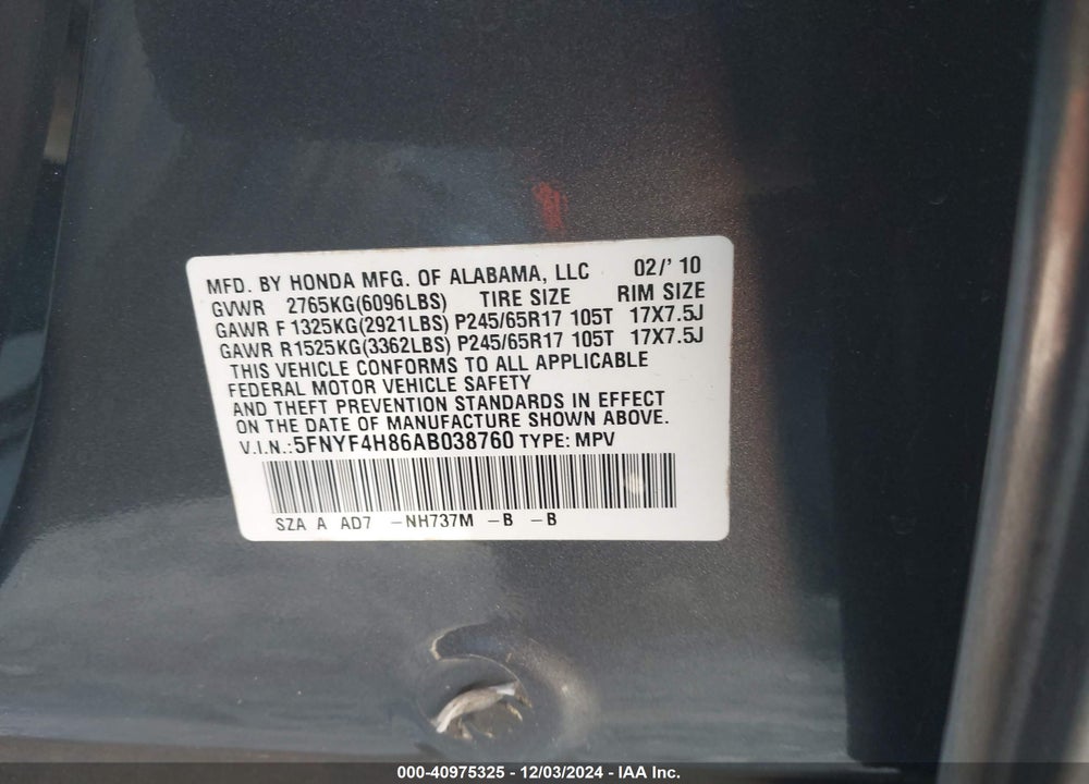 2010 HONDA PILOT TOURING VIN: 5FNYF4H86AB038760