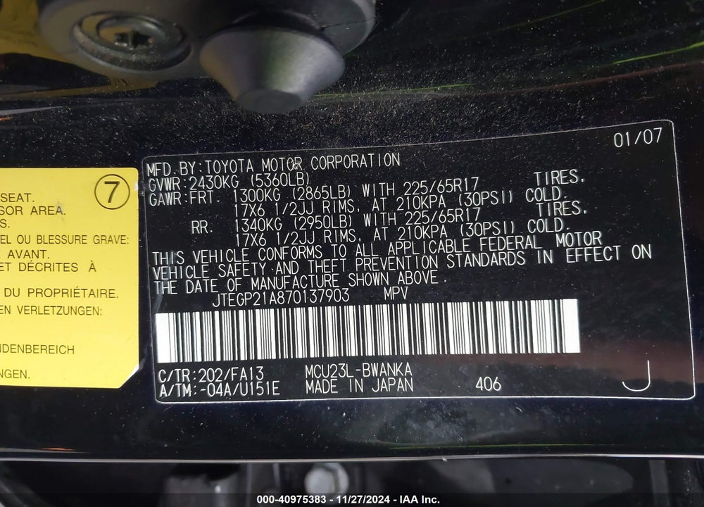 2007 TOYOTA HIGHLANDER SPORT V6 VIN: JTEGP21A870137903