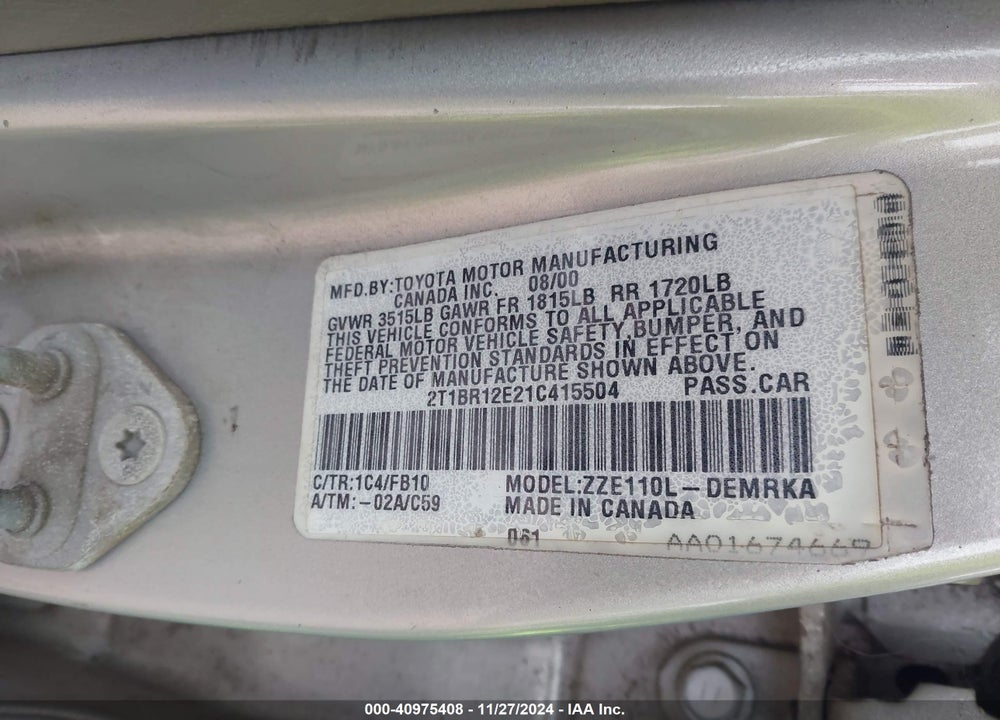 2001 TOYOTA COROLLA CE VIN: 2T1BR12E21C415504