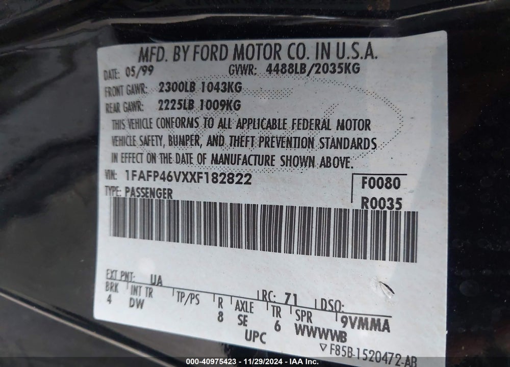 1999 FORD MUSTANG COBRA VIN: 1FAFP46VXXF182822