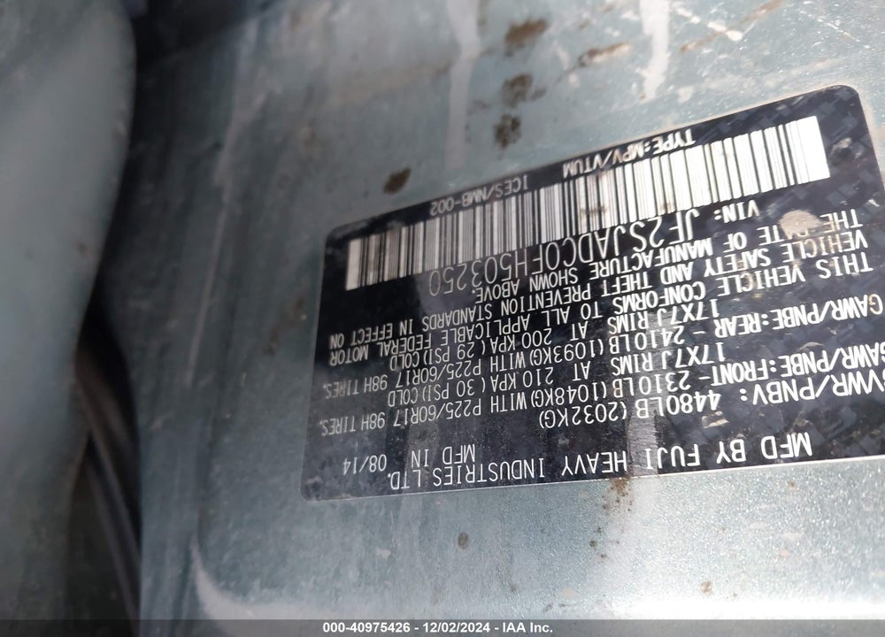 2015 SUBARU FORESTER 2.5I PREMIUM VIN: JF2SJADC0FH503250