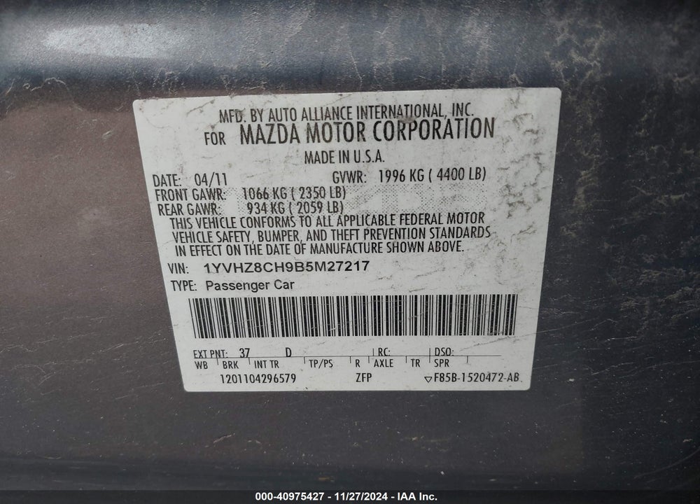 2011 MAZDA MAZDA6 VIN: 1YVHZ8CH9B5M27217