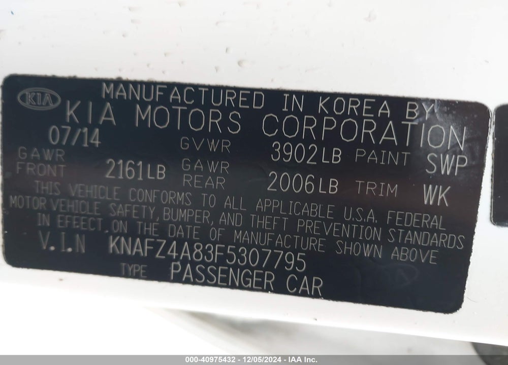 2015 KIA FORTE EX VIN: KNAFZ4A83F5307795