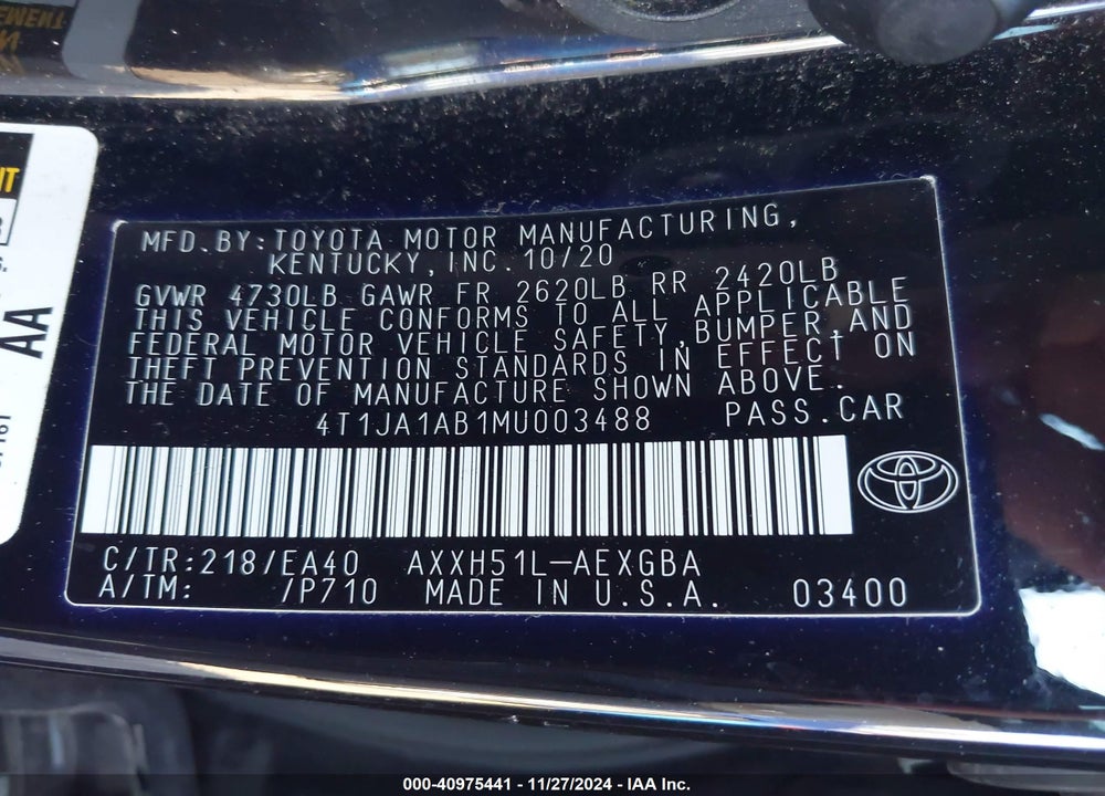 2021 TOYOTA AVALON VIN: 4T1JA1AB1MU003488