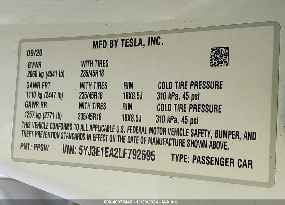 2020 TESLA MODEL 3 STANDARD RANGE PLUS REAR-WHEEL DRIVE/STANDARD RANGE REAR-WHEEL DRIVE VIN: 5YJ3E1EA2LF792695