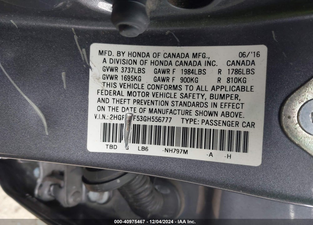 2016 HONDA CIVIC LX VIN: 2HGFC2F53GH556777