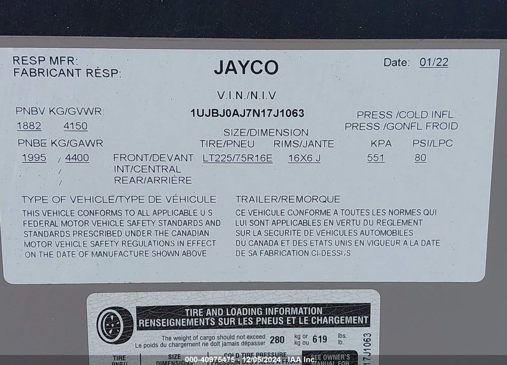 2022 JAYCO JAYFLIGHT TRAVEL TRAILER VIN: 1UJBJ0AJ7N17J1063