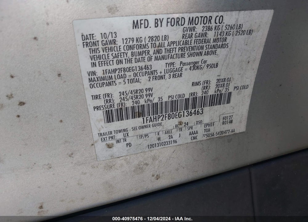 2014 FORD TAURUS LIMITED VIN: 1FAHP2F80EG136463