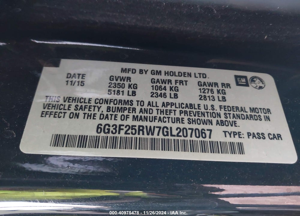 2016 CHEVROLET SS VIN: 6G3F25RW7GL207067