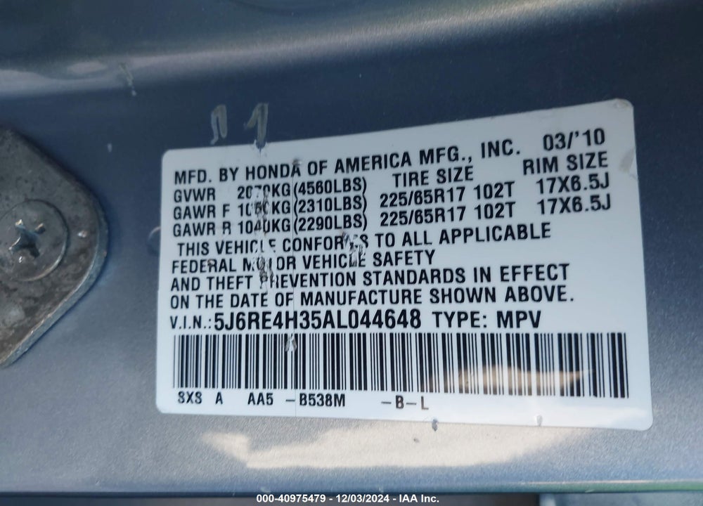 2010 HONDA CR-V LX VIN: 5J6RE4H35AL044648