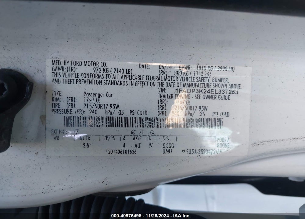2014 FORD FOCUS SE VIN: 1FADP3K24EL337263