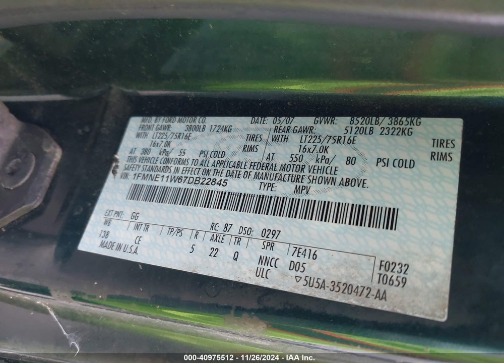 2007 FORD E-150 CHATEAU/XL/XLT VIN: 1FMNE11W67DB22845
