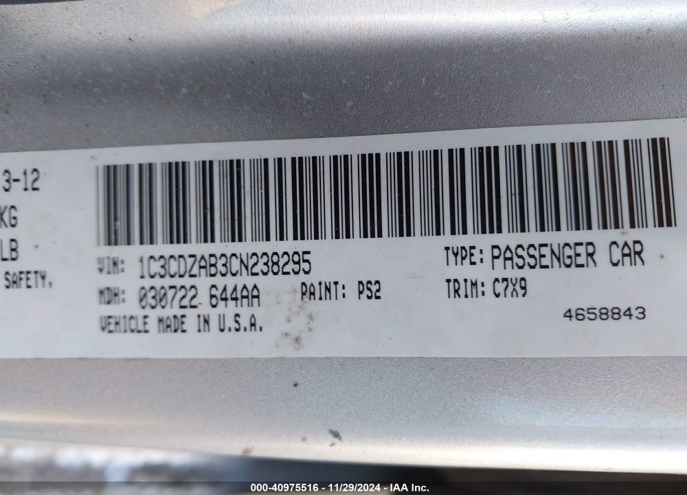 2012 DODGE AVENGER SE VIN: 1C3CDZAB3CN238295