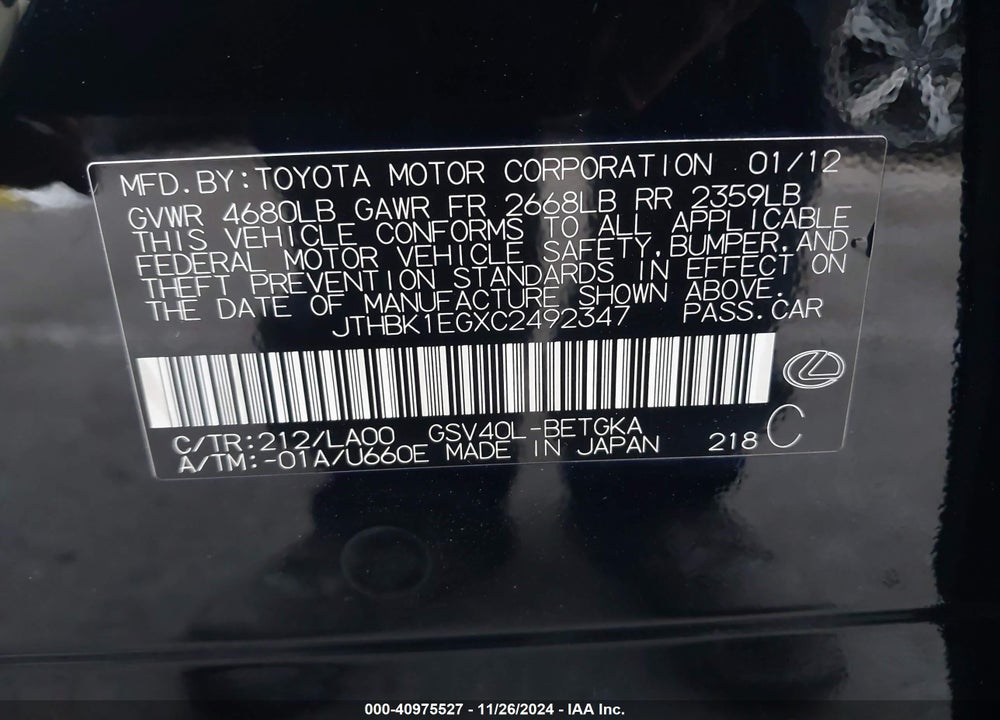 2012 LEXUS ES 350 VIN: JTHBK1EGXC2492347