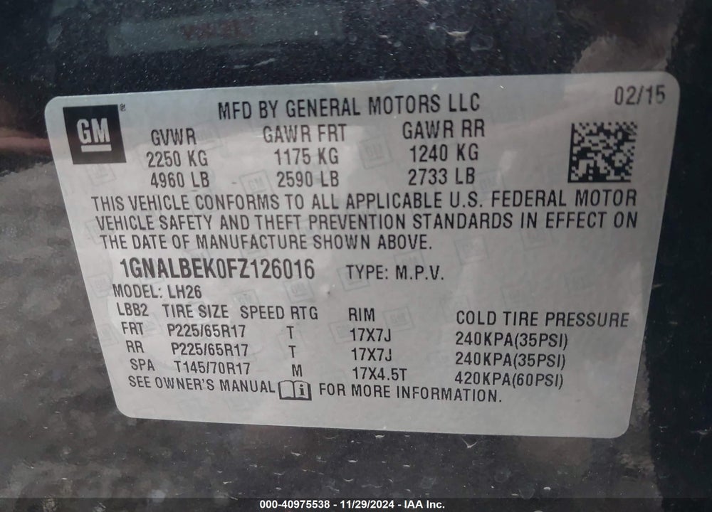 2015 CHEVROLET EQUINOX 1LT VIN: 1GNALBEK0FZ126016