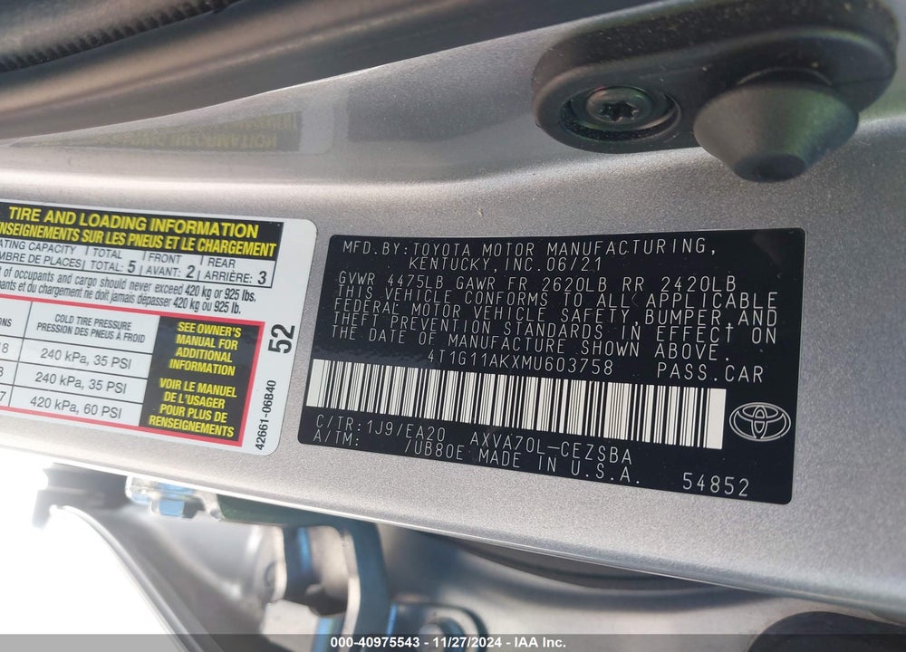 2021 TOYOTA CAMRY SE VIN: 4T1G11AKXMU603758