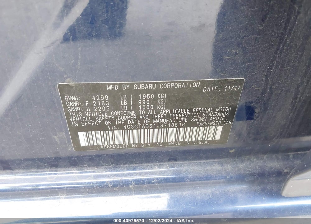 2018 SUBARU IMPREZA 2.0I PREMIUM VIN: 4S3GTAB61J3718816
