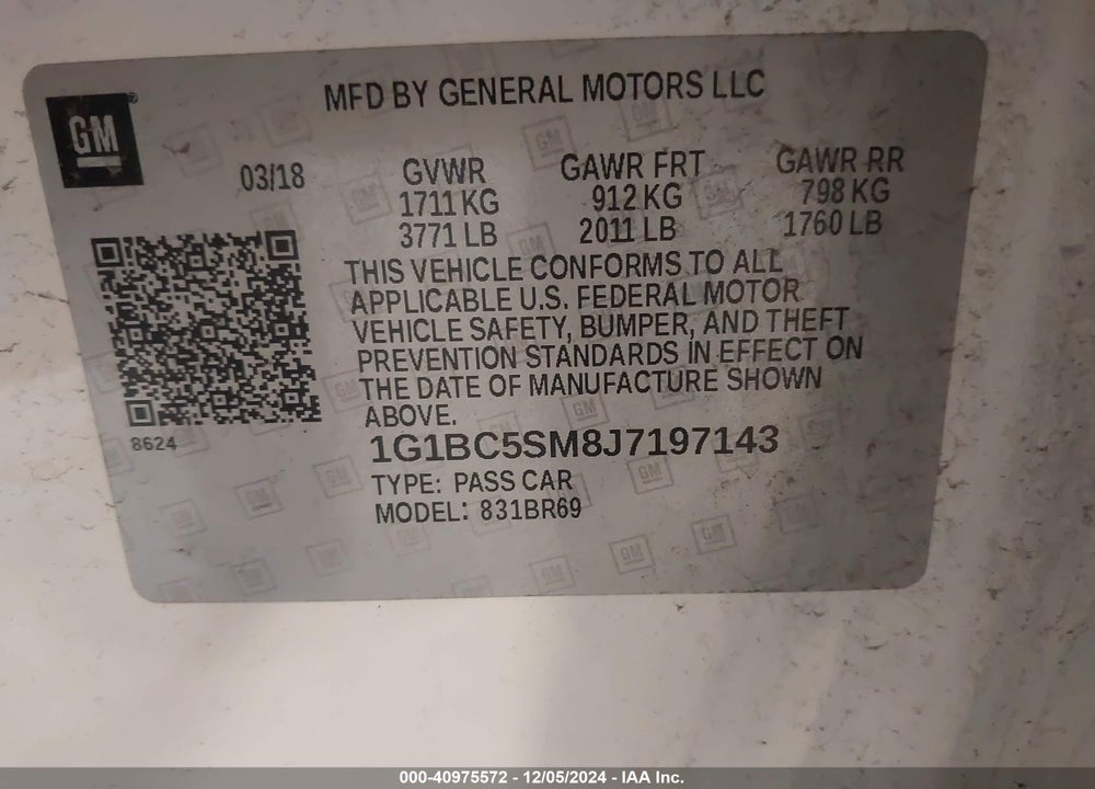 2018 CHEVROLET CRUZE LS AUTO VIN: 1G1BC5SM8J7197143