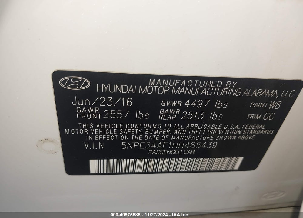 2017 HYUNDAI SONATA SPORT VIN: 5NPE34AF1HH465439